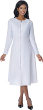Load image into Gallery viewer, A woman modeling a long-sleeve, knee-length white dress with a front zipper, shown against a plain white background.